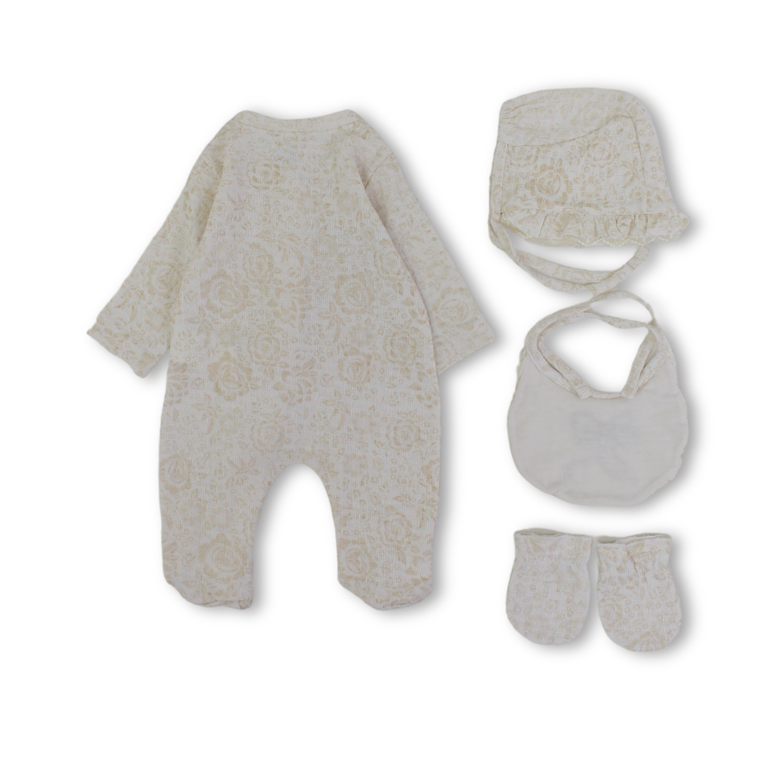 Baby Girls Waffle Gift Clothes Box – Beige, 4 Pcs with One Flower Detail