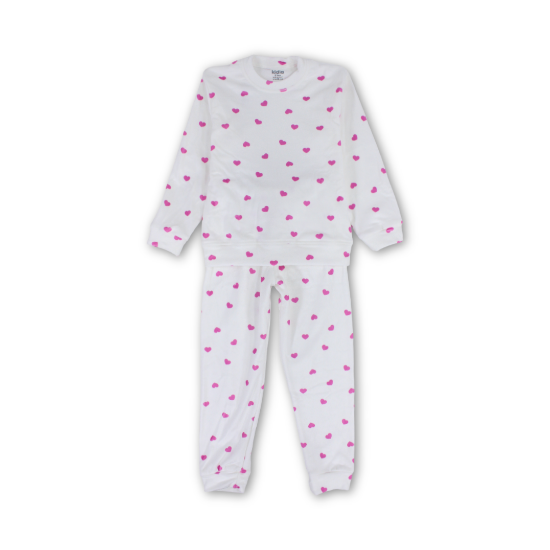 Girls Long-Sleeved Pajama – White with Hearts Print