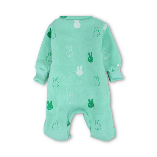 Baby Boys Long-Sleeved Baby Footie – Mint & Off-White with Bunny Print