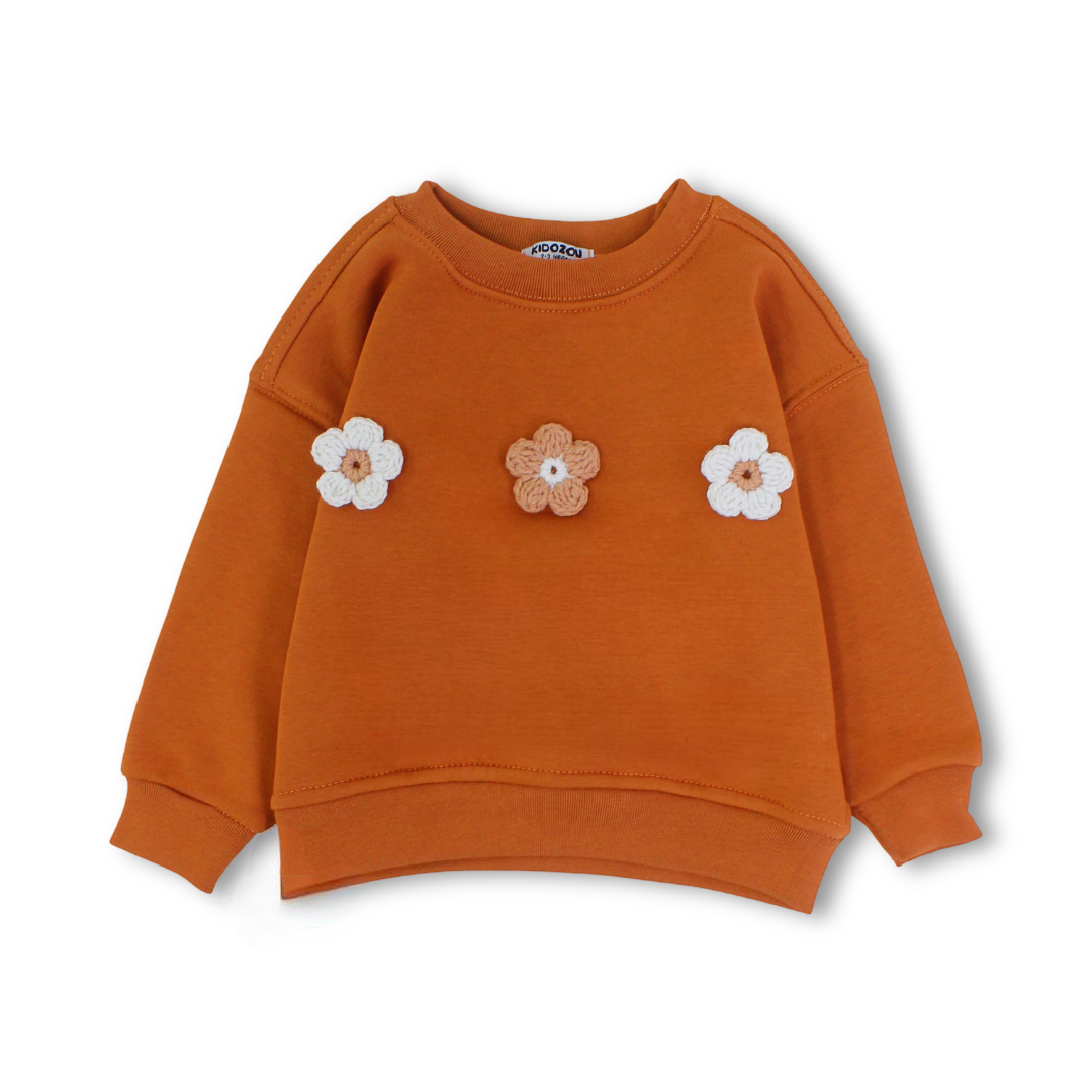 Baby Girls Sweatshirt – Brown with FLOWERS Print