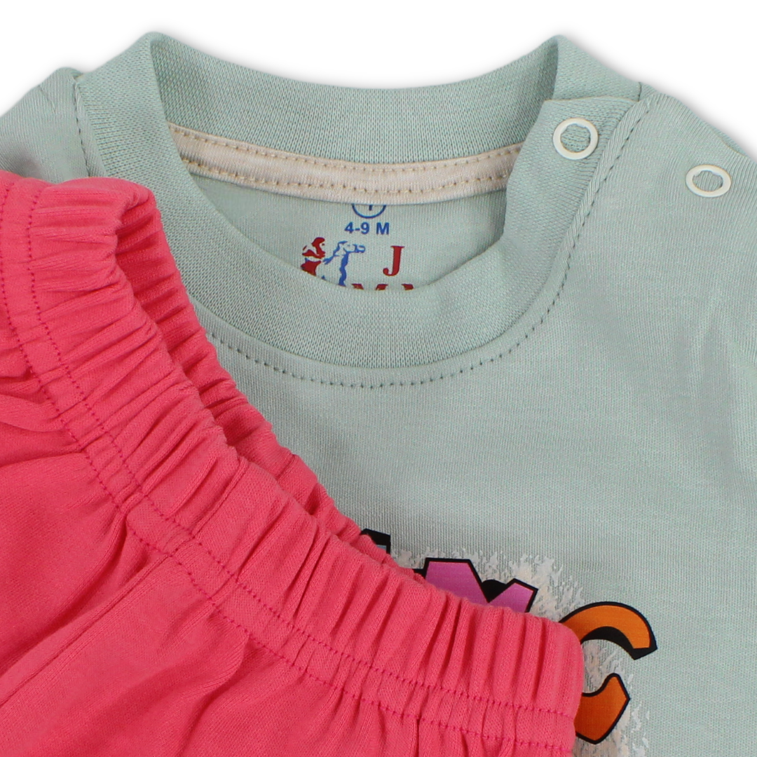 Baby Girls Long-Sleeved Pajama – Mint & Salmon with Flying Rabbit Print