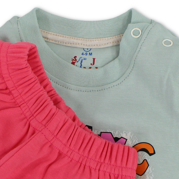 Baby Girls Long-Sleeved Pajama – Mint & Salmon with Flying Rabbit Print