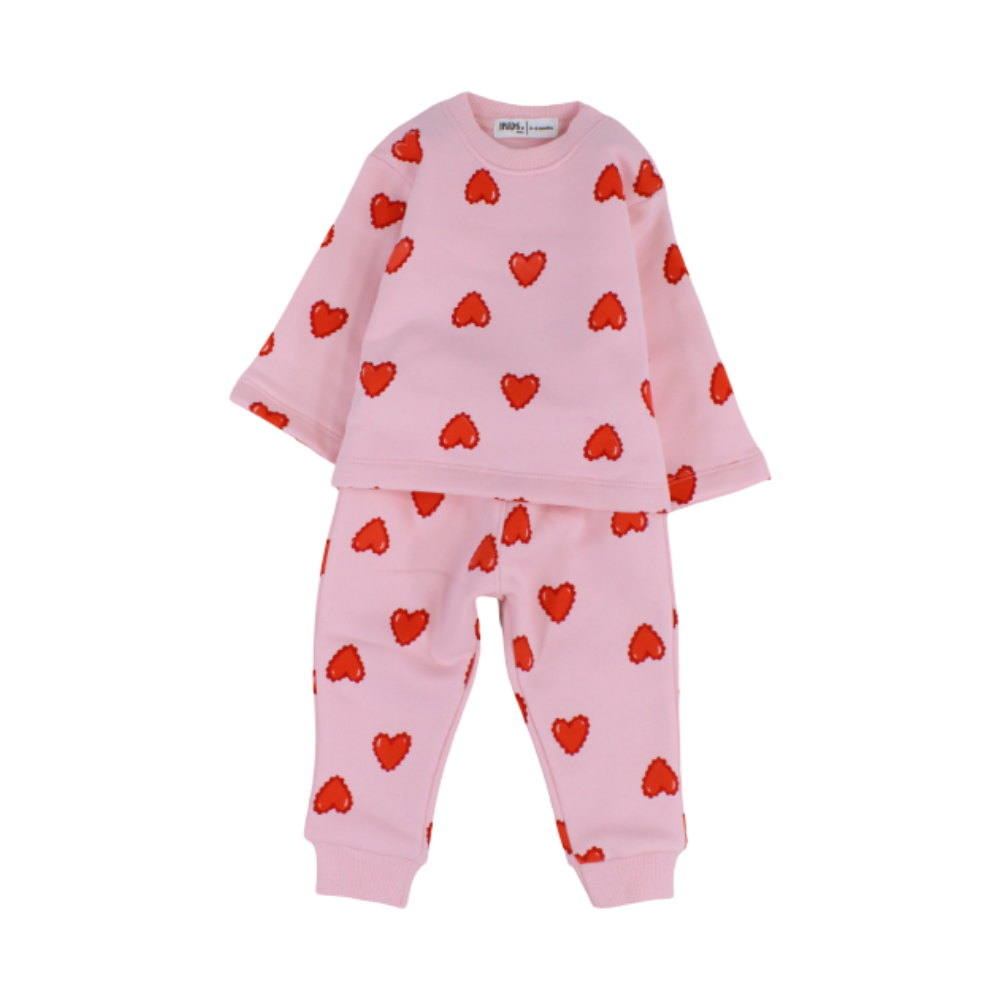 Baby Girls Long-Sleeved Pajama Set – Pink with Hearts Print
