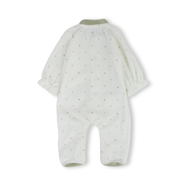 Baby Girls Cotton Baby Footie – Off-White with Polka Dots & Pistachio Pockets