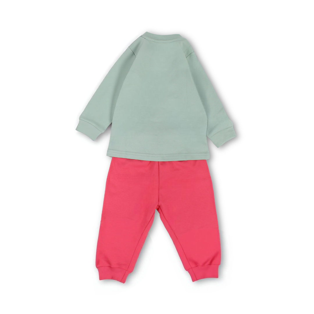 Baby Girls Long-Sleeved Pajama – Mint & Salmon with Flying Rabbit Print
