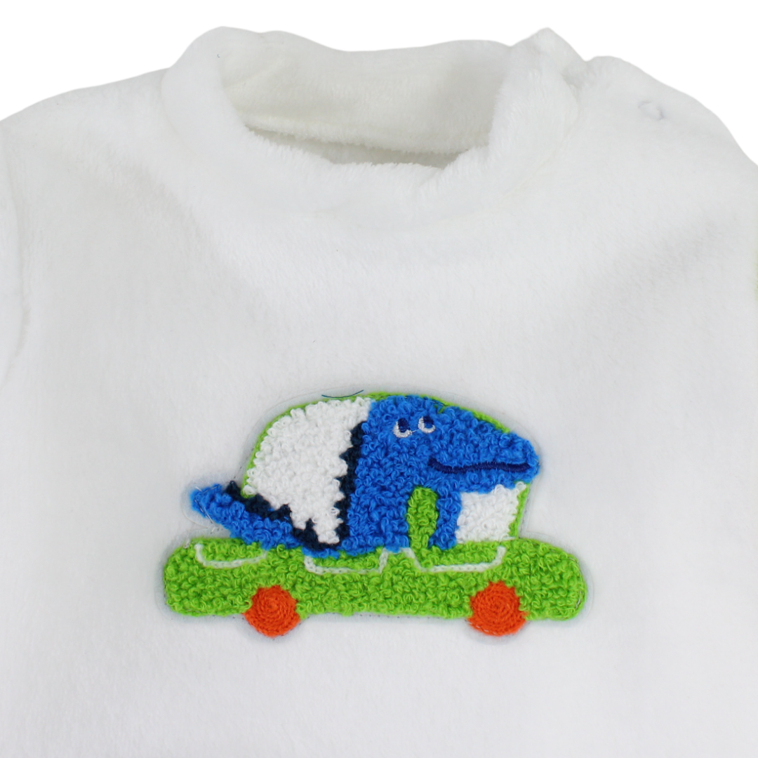 Baby Boys Long-Sleeved Baby Footie – White with Dino Bike Print
