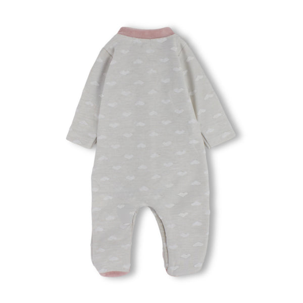 Baby Girls Cotton Baby Footie – Beige & Dusty Pink with Heart Pattern and Pocket