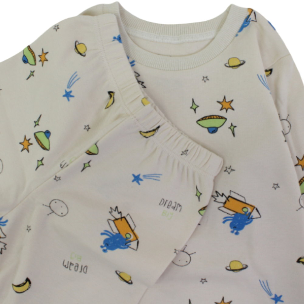 Baby Boys Long-Sleeved Pajama Set – Beige with "Dream Big" Print