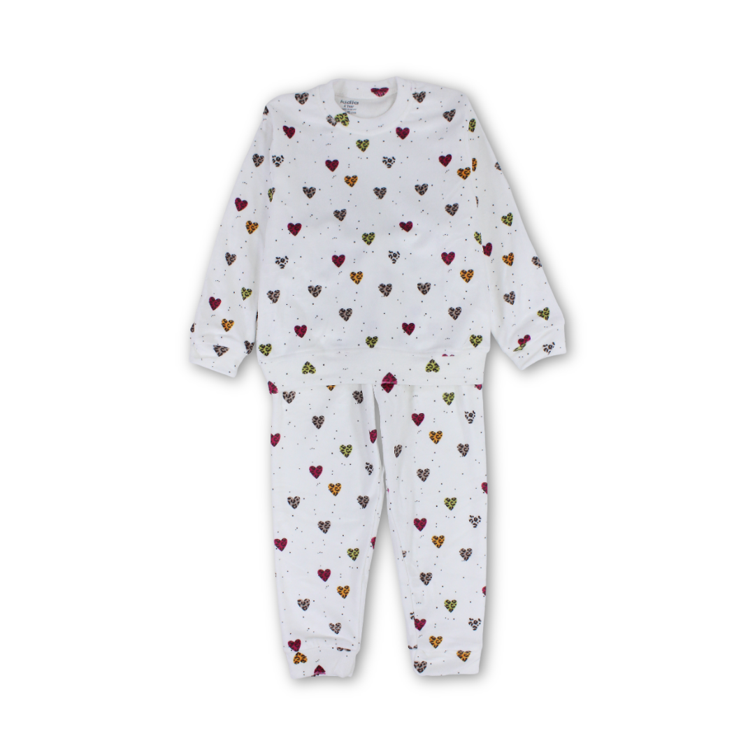 Girls Long-Sleeved Pajama – White with Tiger Hearts Print