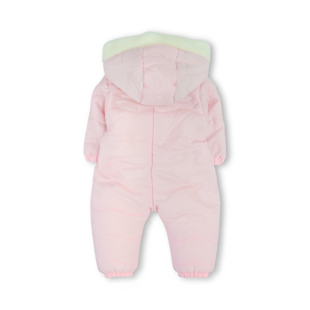 Baby Girls Padded Waterproof Long-sleeved Baby Footie – Pink With Bunny Face Embroidery