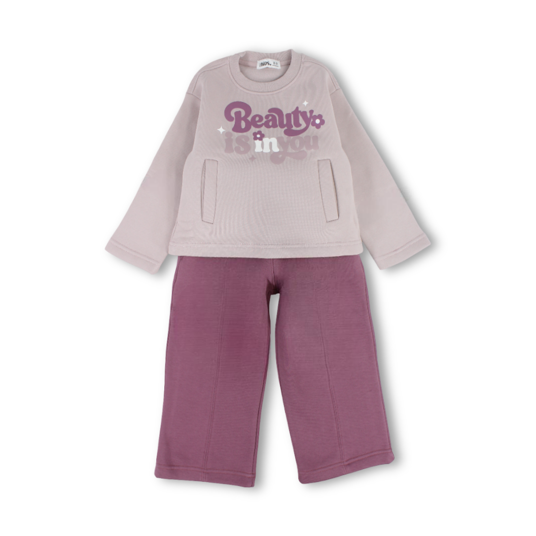 Girls Long-Sleeved Pajama – Dusty Pink with "Beauty Is In You" Print