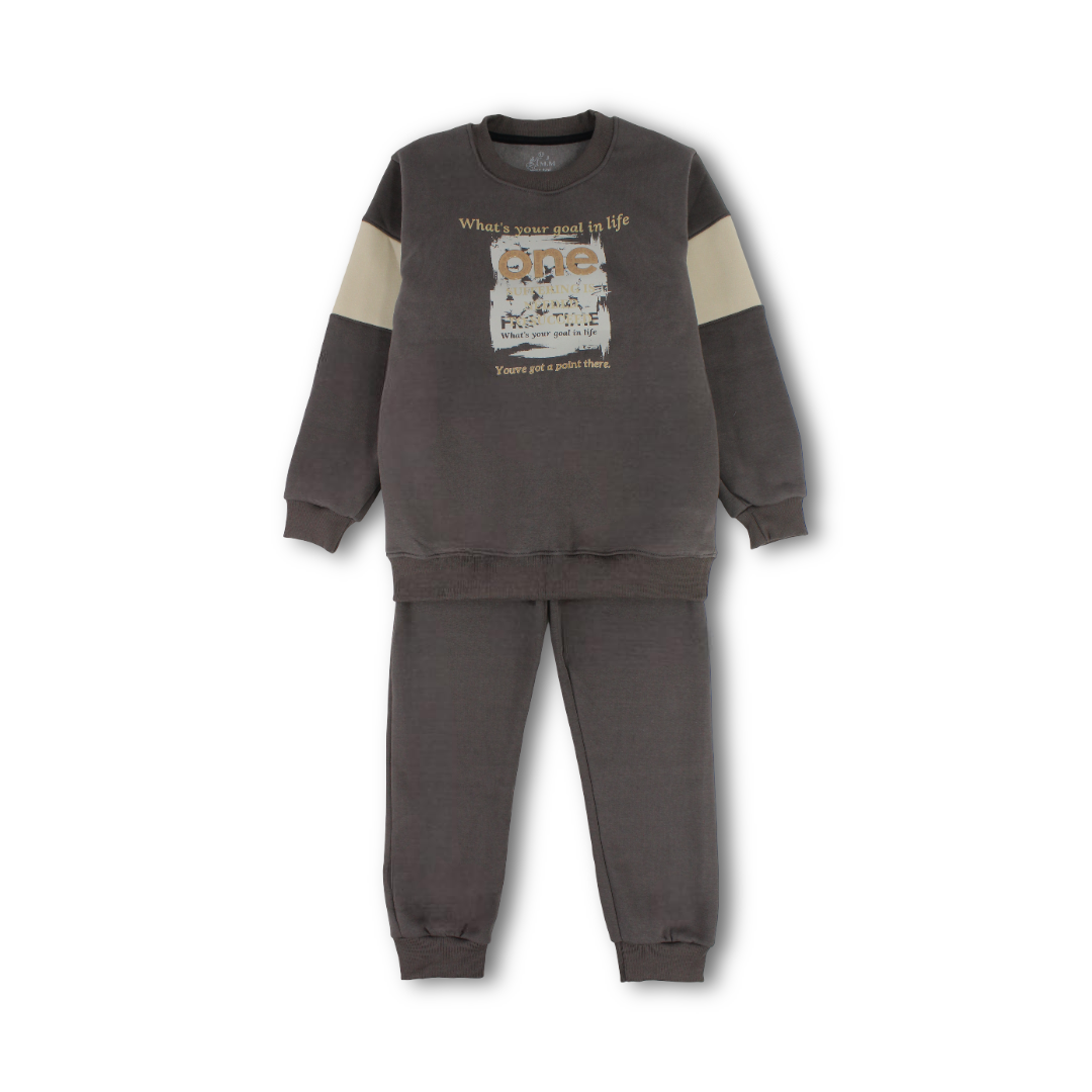 Boys Long-Sleeved Pajama – Brown with "One" Print