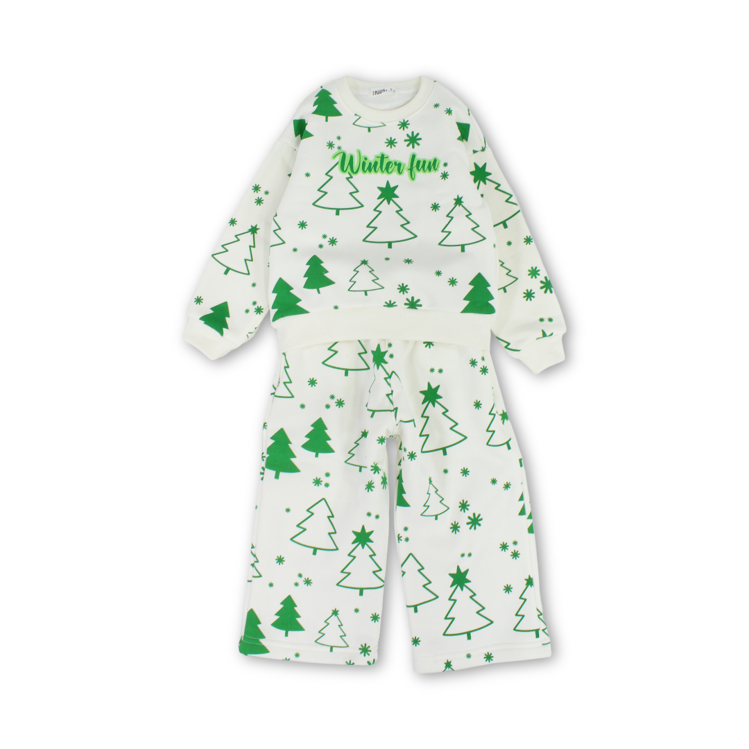 Boys Long-Sleeved Pajama – Off-White with "Winter Fun" Print