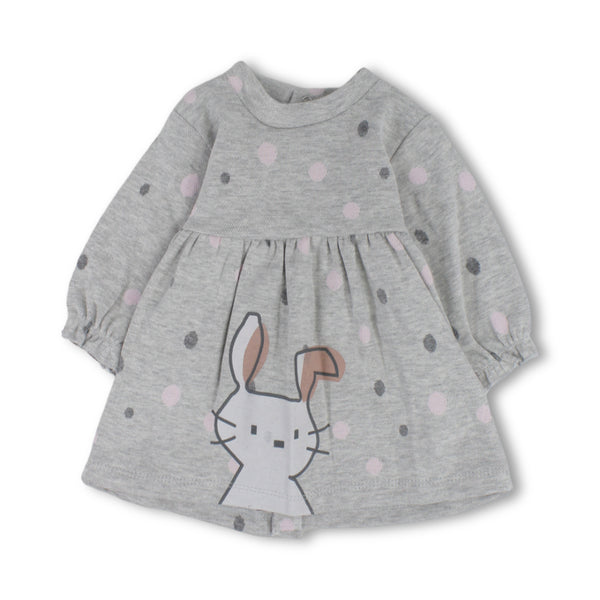 Baby Girls Cotton Long-Sleeved Dress with Bunny & Polka Dot Print