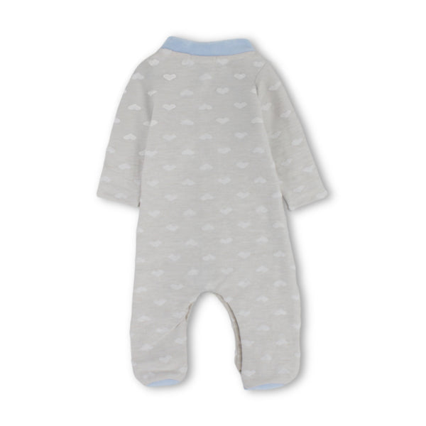 Baby Girls Cotton Baby Footie – Beige & Baby Blue with Heart Pattern and Pocket