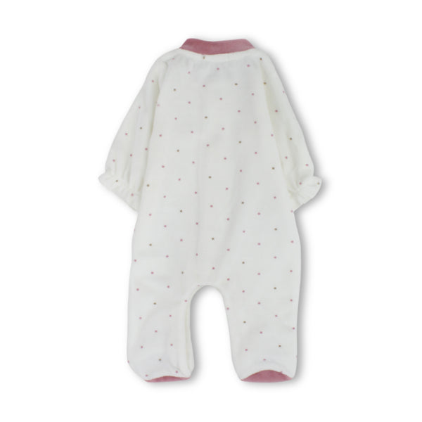 Baby Girls Cotton Baby Footie – Off-White with Polka Dots & Dusty Pink Pockets