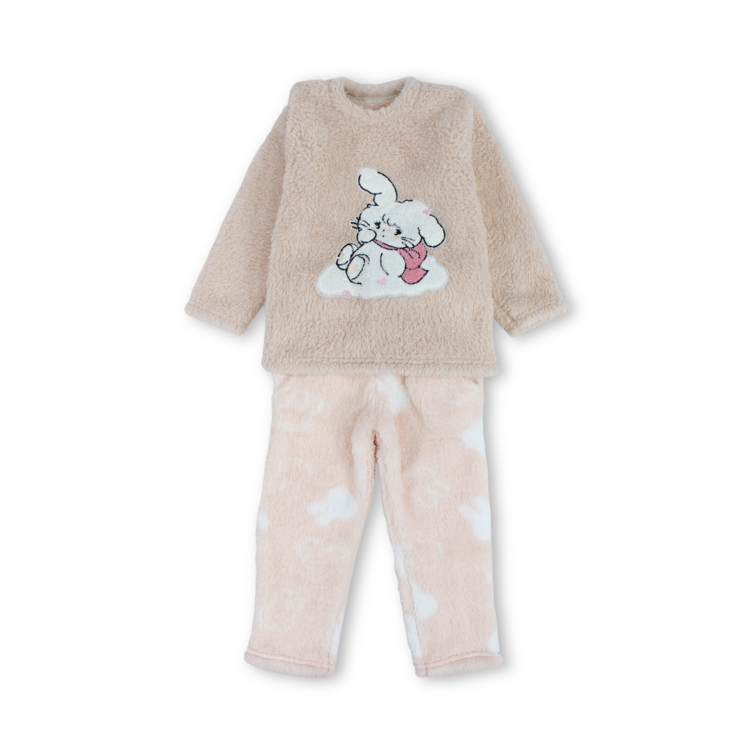 Girls Fleece Long-Sleeved Pajama – Salmon with Rabbit Print
