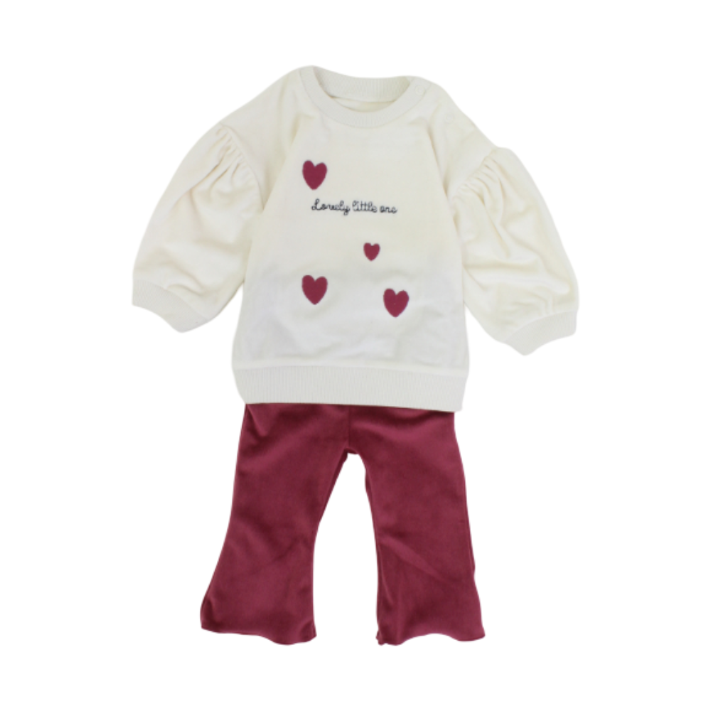 Baby Girls Velvet Long-Sleeved Pajama Set – Off White with Hearts Print