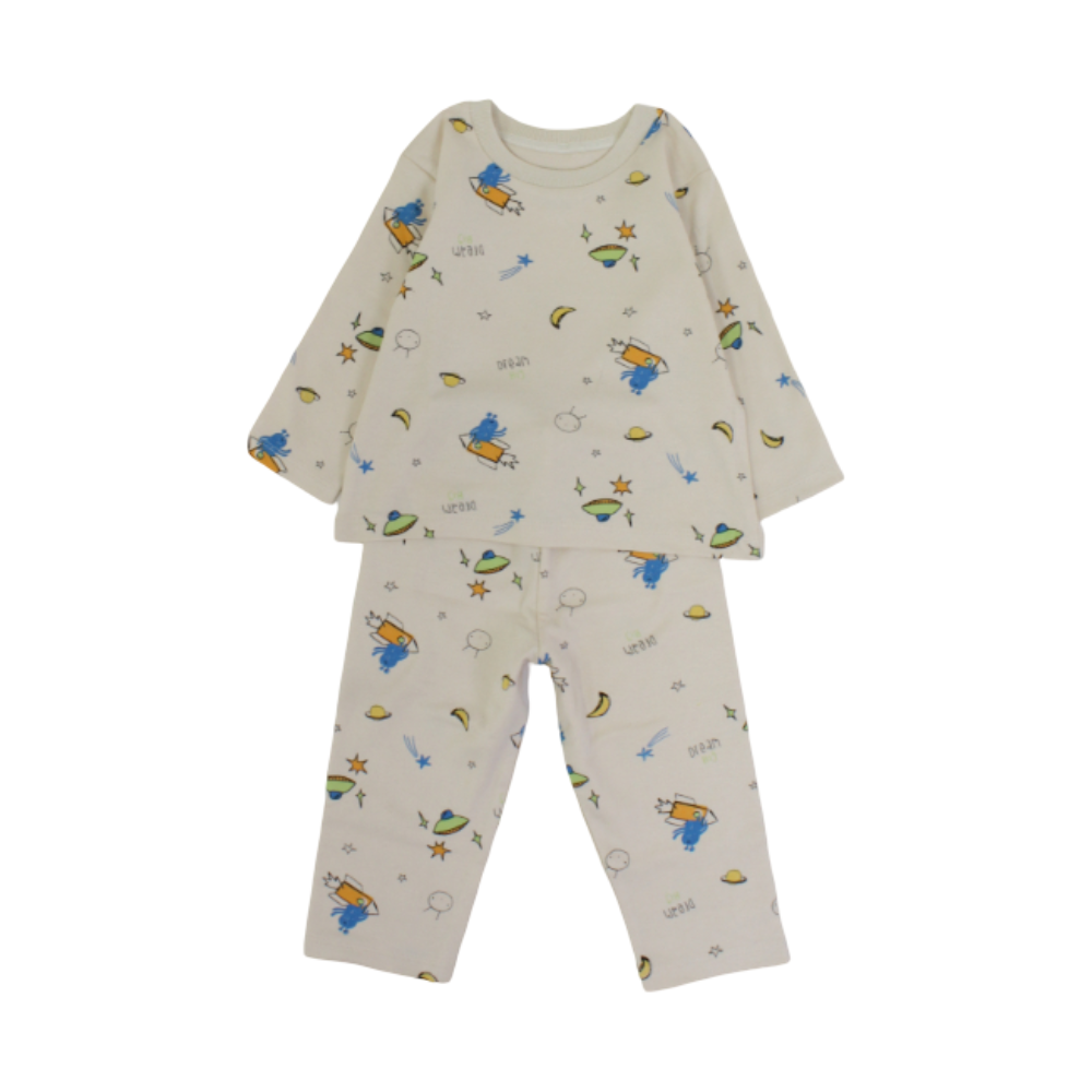 Baby Boys Long-Sleeved Pajama Set – Beige with "Dream Big" Print