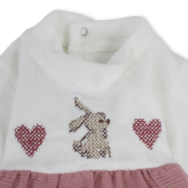 Baby Girls Cotton Long-Sleeved Dress with Bunny & Hearts Detail