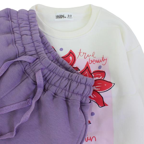 Girls Long-Sleeved Pajama Set – Off White with "Flowers" Print