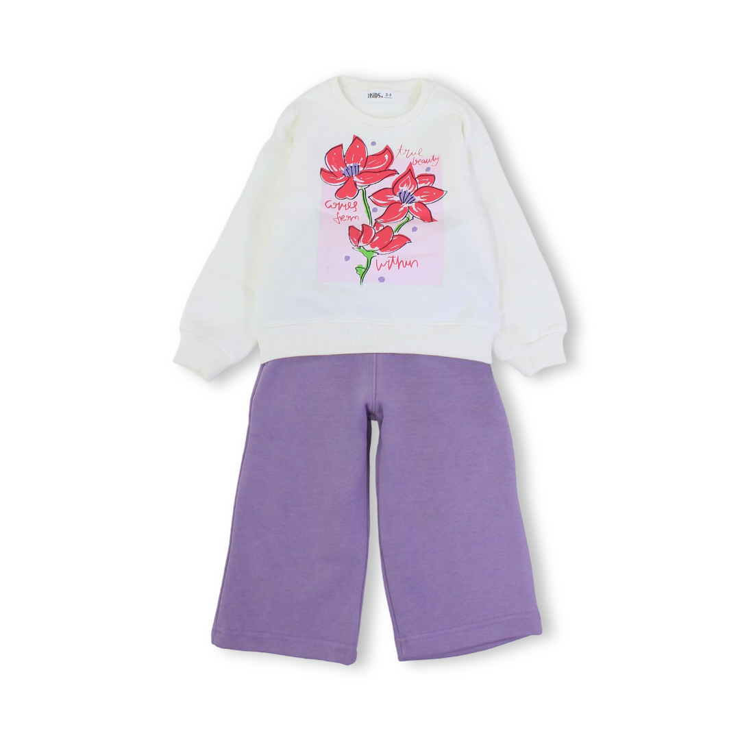 Girls Long-Sleeved Pajama Set – Off White with "Flowers" Print