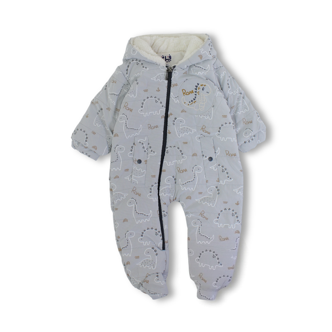 Baby Boys Padded Waterproof Baby Footie – Grey with Dinosaur Detail