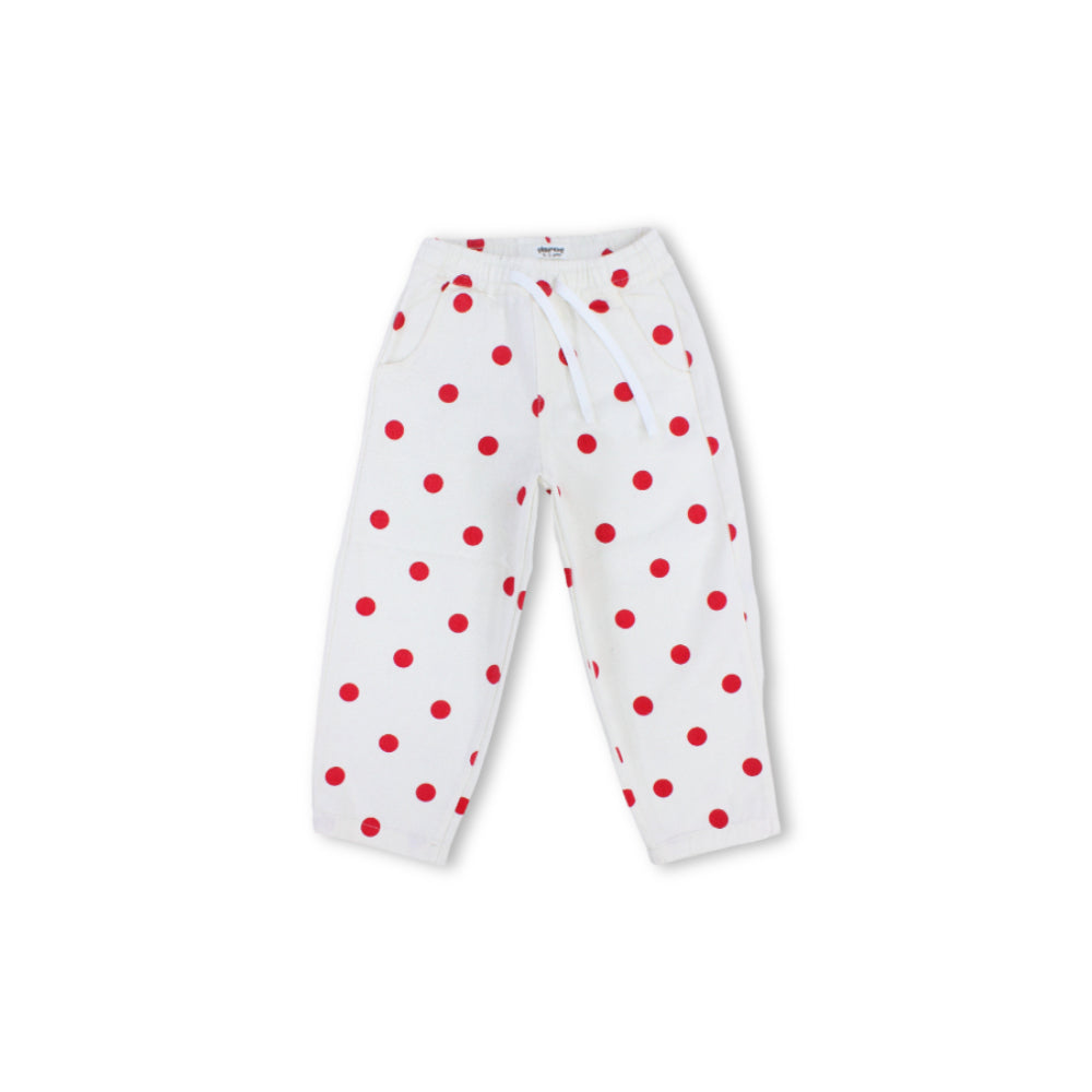 Girls Gabardine Pants – Off-White with Red Polka Dot Print