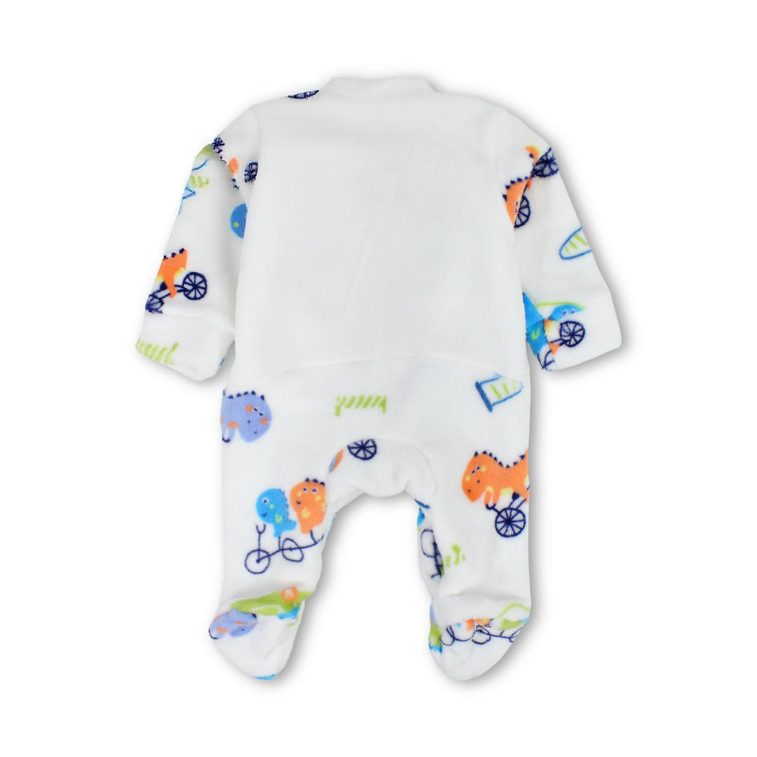 Baby Boys Long-Sleeved Baby Footie – White with Dino Bike Print