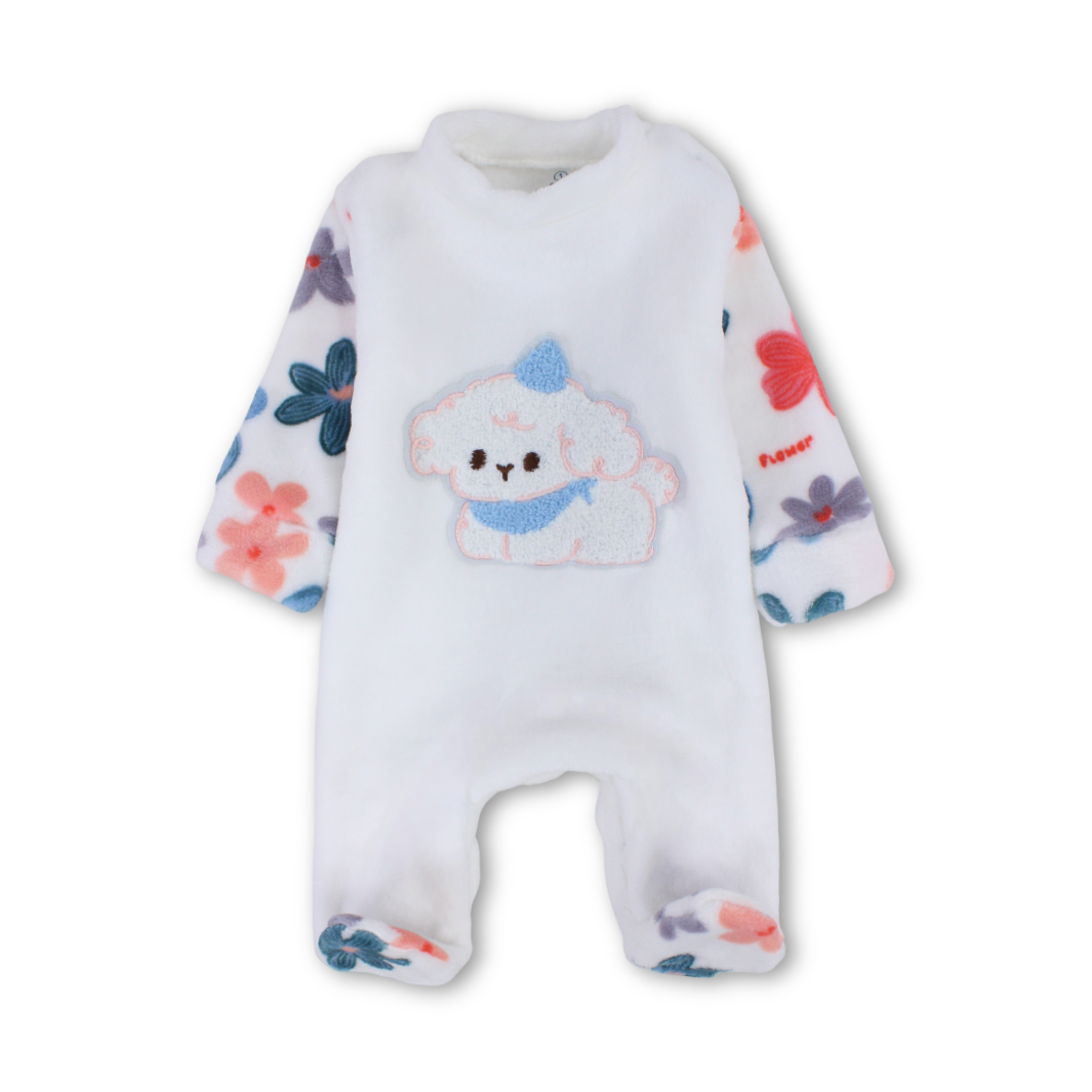 Unisex Long-Sleeved Baby Footie – White with Dogs & Flowers Print