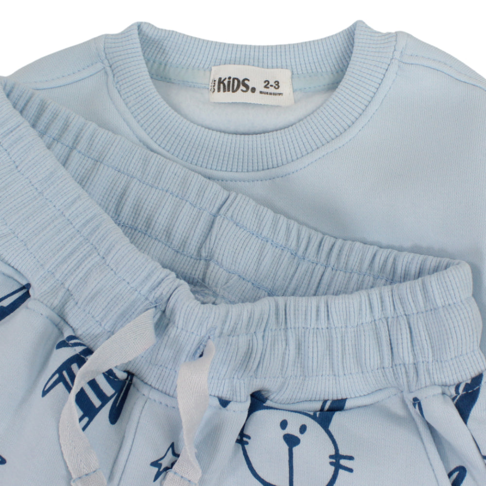 Girls Cotton Long-Sleeved Pajama Set – Baby Blue with "Little Bunny" Print