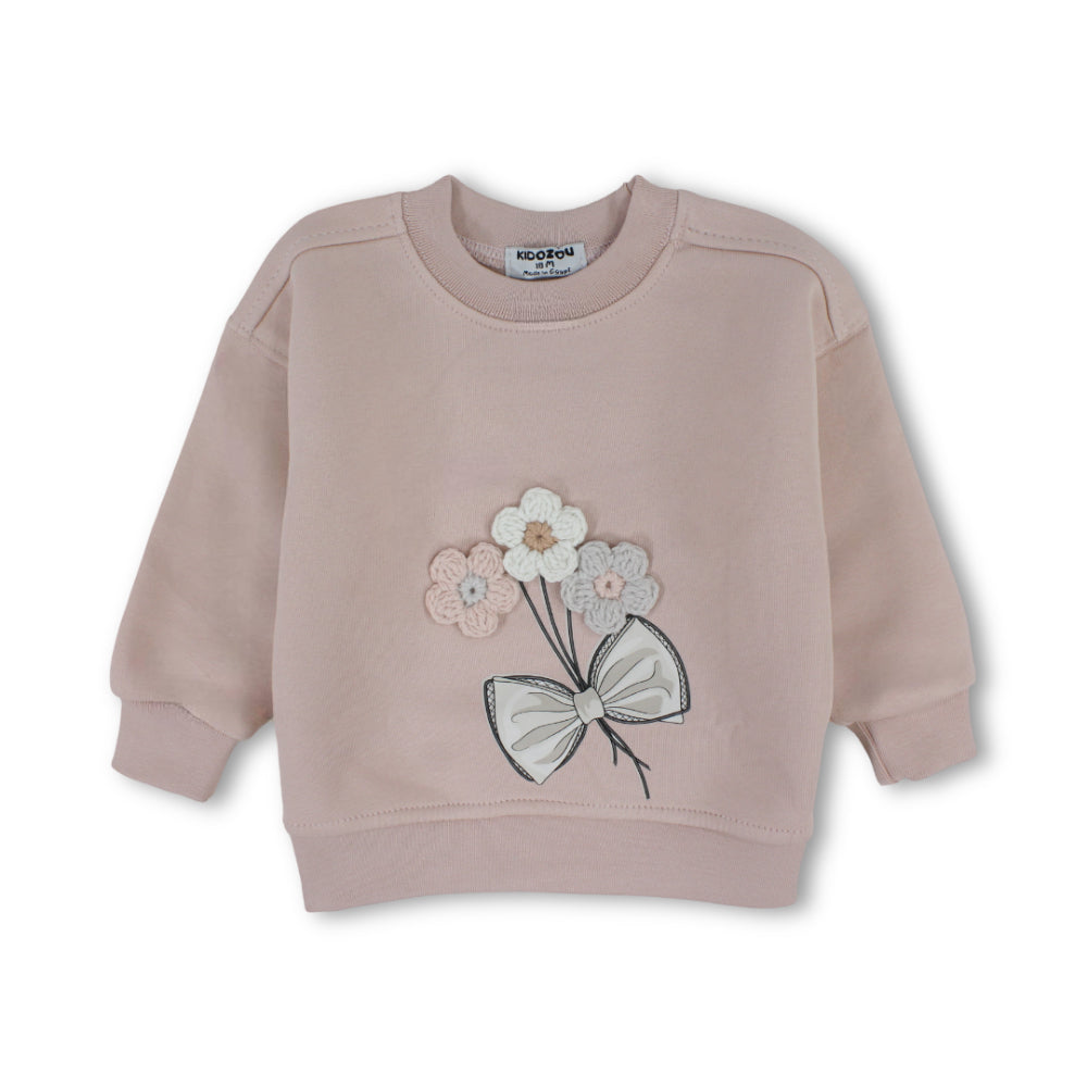 Girls Cotton Sweatshirt – Dusty Pink with Ribbon & Flowers Print