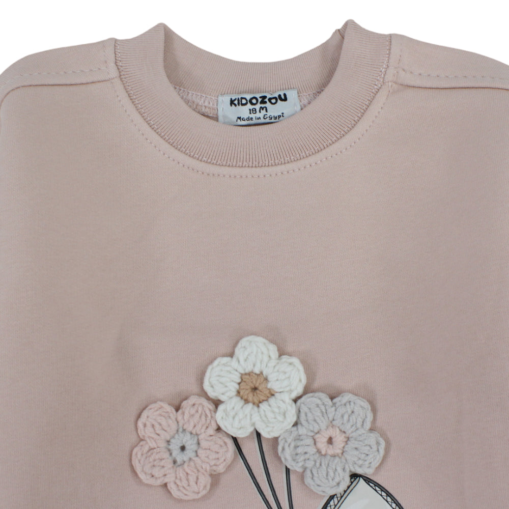 Girls Cotton Sweatshirt – Dusty Pink with Ribbon & Flowers Print