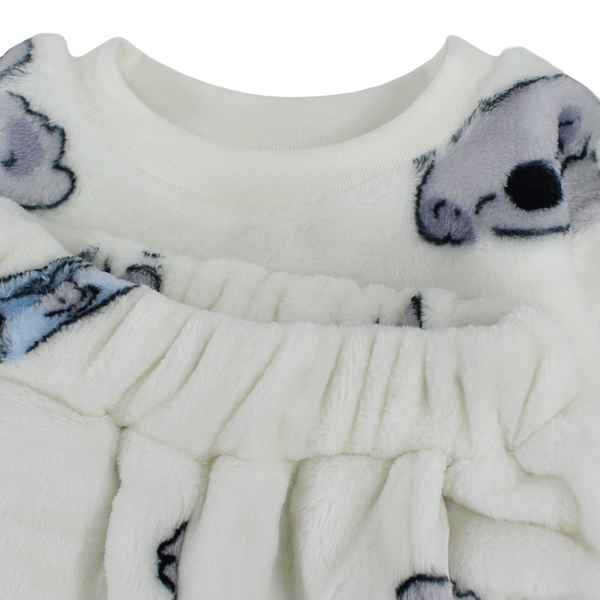 Girls Velvet Long-Sleeved Pajama – Off White with Koala Print