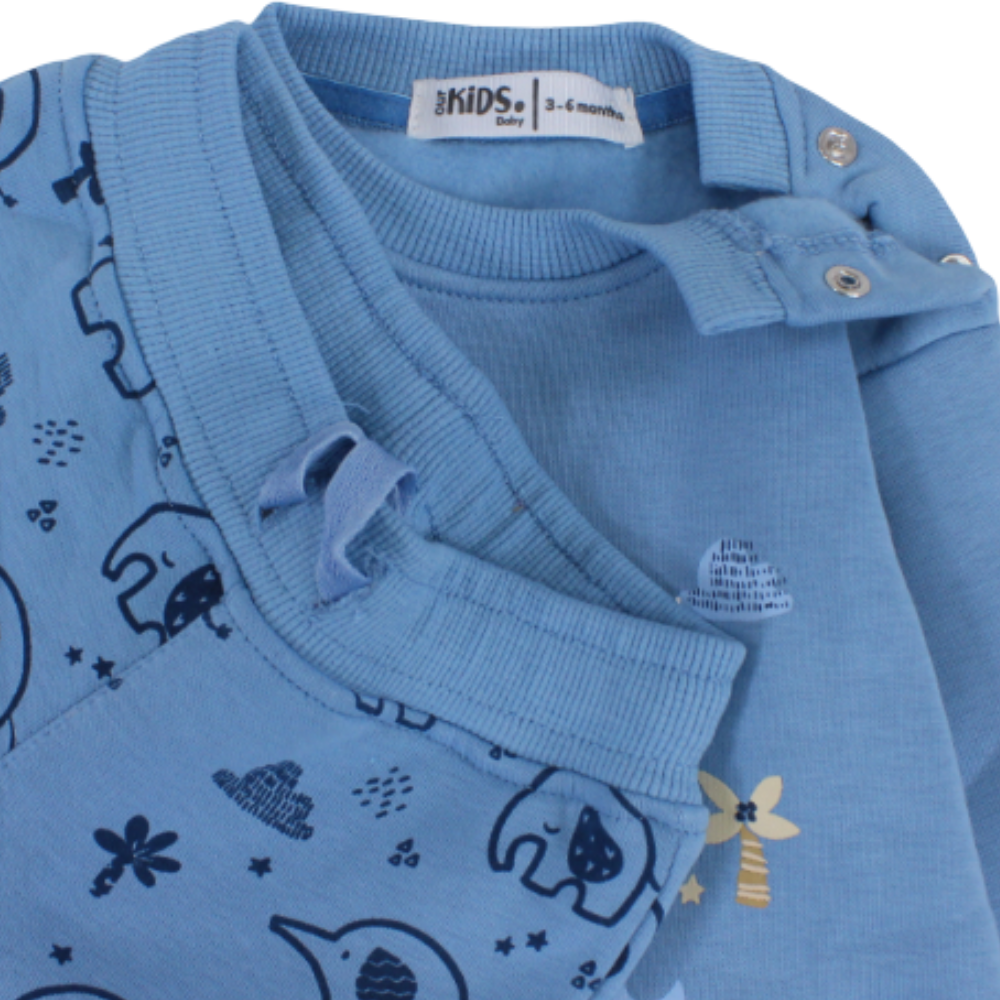 Baby Boys Long-Sleeved Pajama Set – Baby Blue with Elephants Print