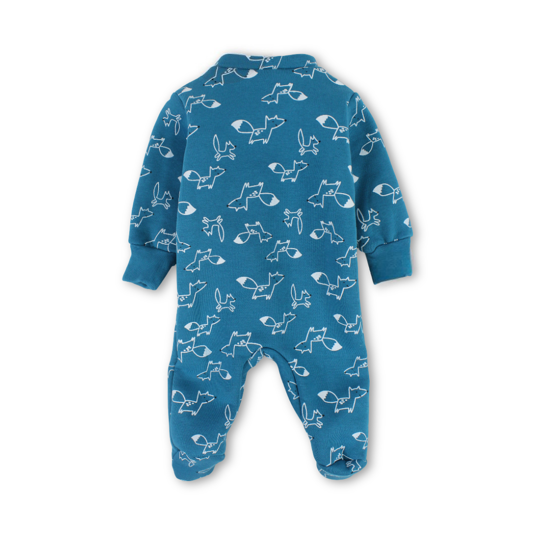 Baby Boys Long-Sleeved Baby Footie – Baby Blue & Petrol Blue with Animal Print