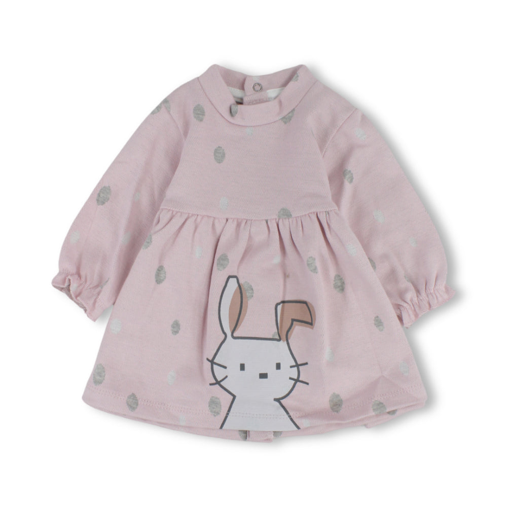 Baby Girls Cotton Long-Sleeved Dress with Bunny & Polka Dot Print