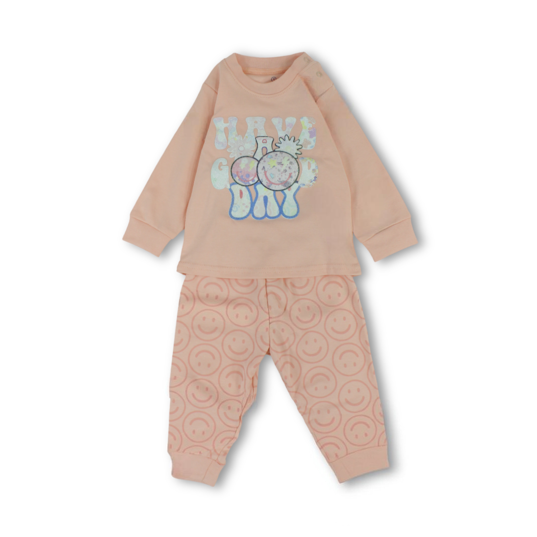 Baby Girls Long-Sleeved Pajama – Pink & Salmon with "Good Day" Print