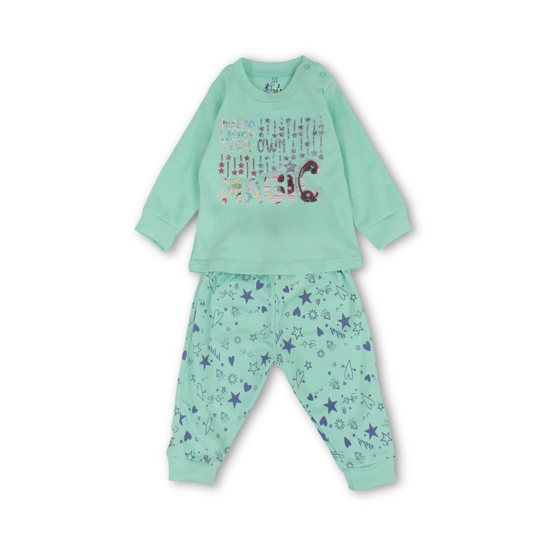 Baby Girls Long-Sleeved Pajama – Mint & Yellow with "Make Your Own Magic" Print