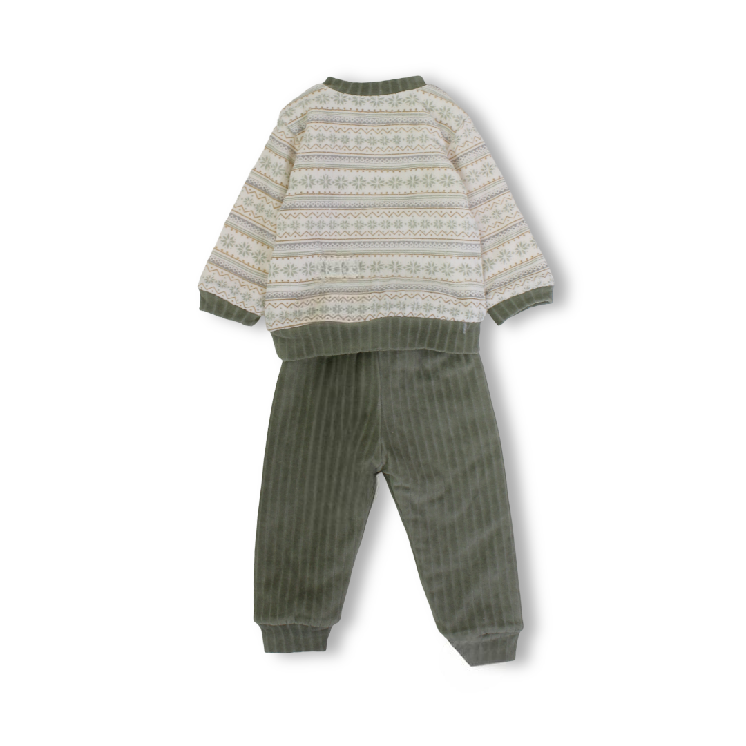 Baby Boys Velvet Two-Piece Pajama – Beige & Olive with One Piece Detail