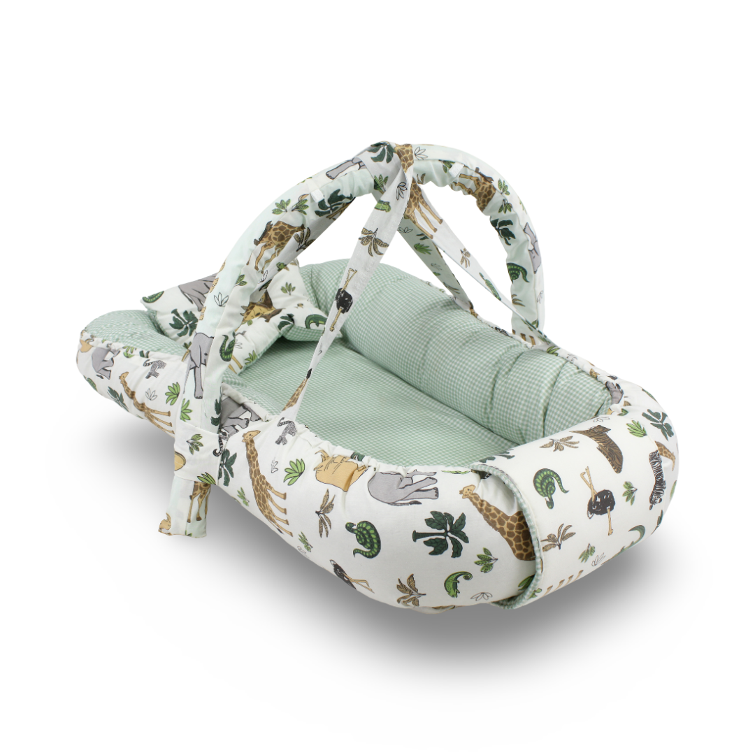 Baby Nest – Off-White & Green Checkered with Forest Animals Print