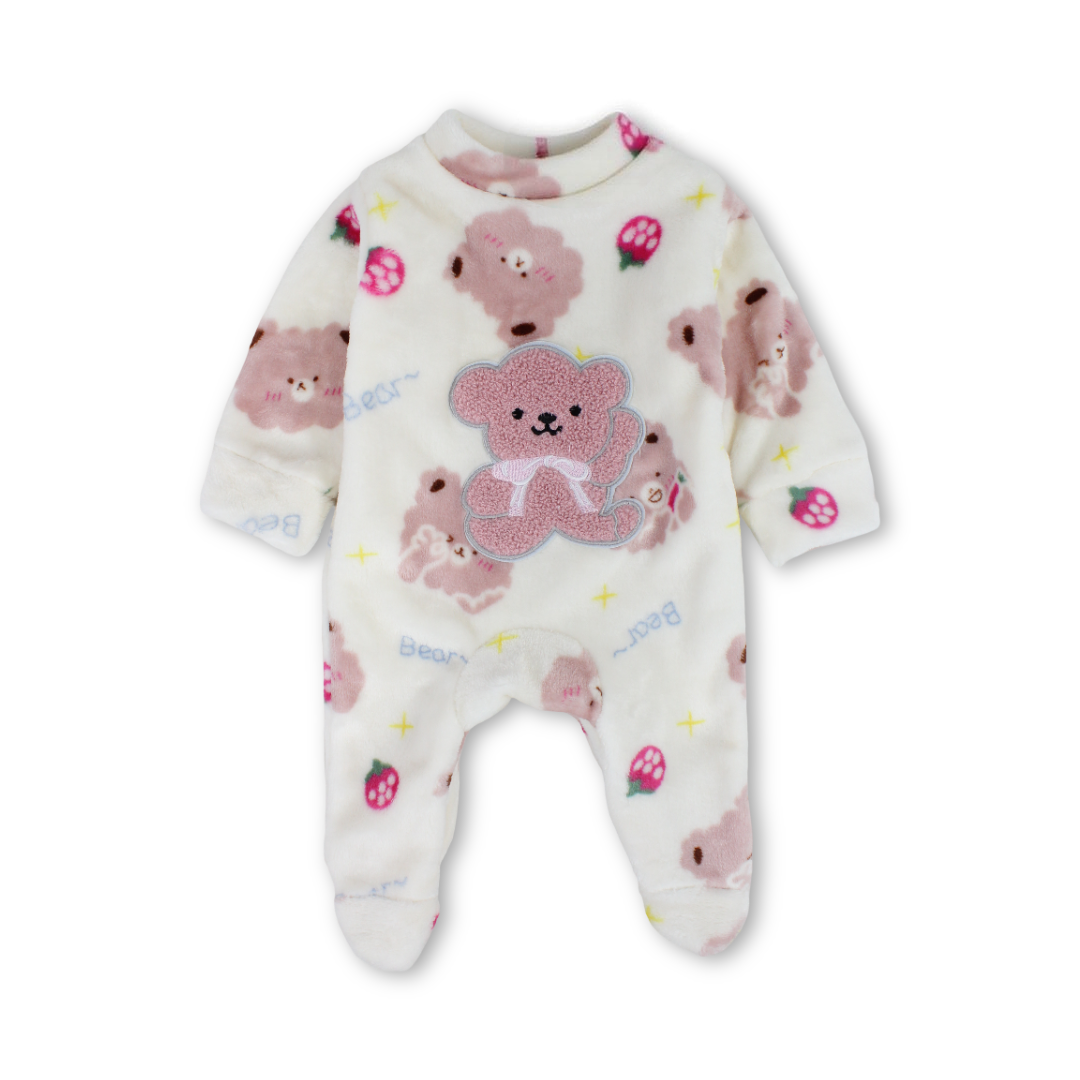 Baby Girls Long-Sleeved Baby Footie – Off-White with Bear Print