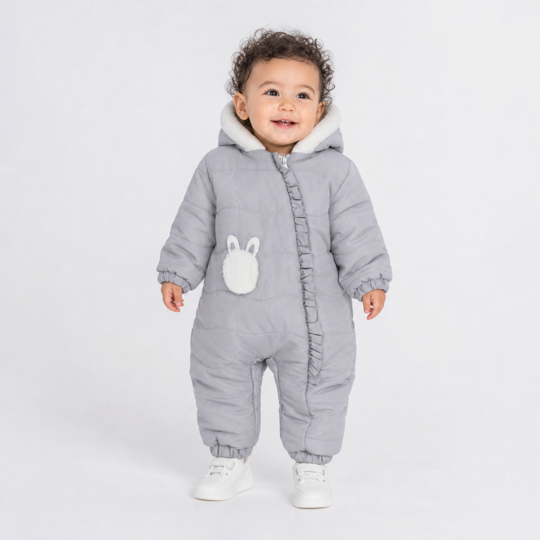Baby Girls Padded Waterproof Long-sleeved Baby Footie – Grey With Bunny Face Embroidery