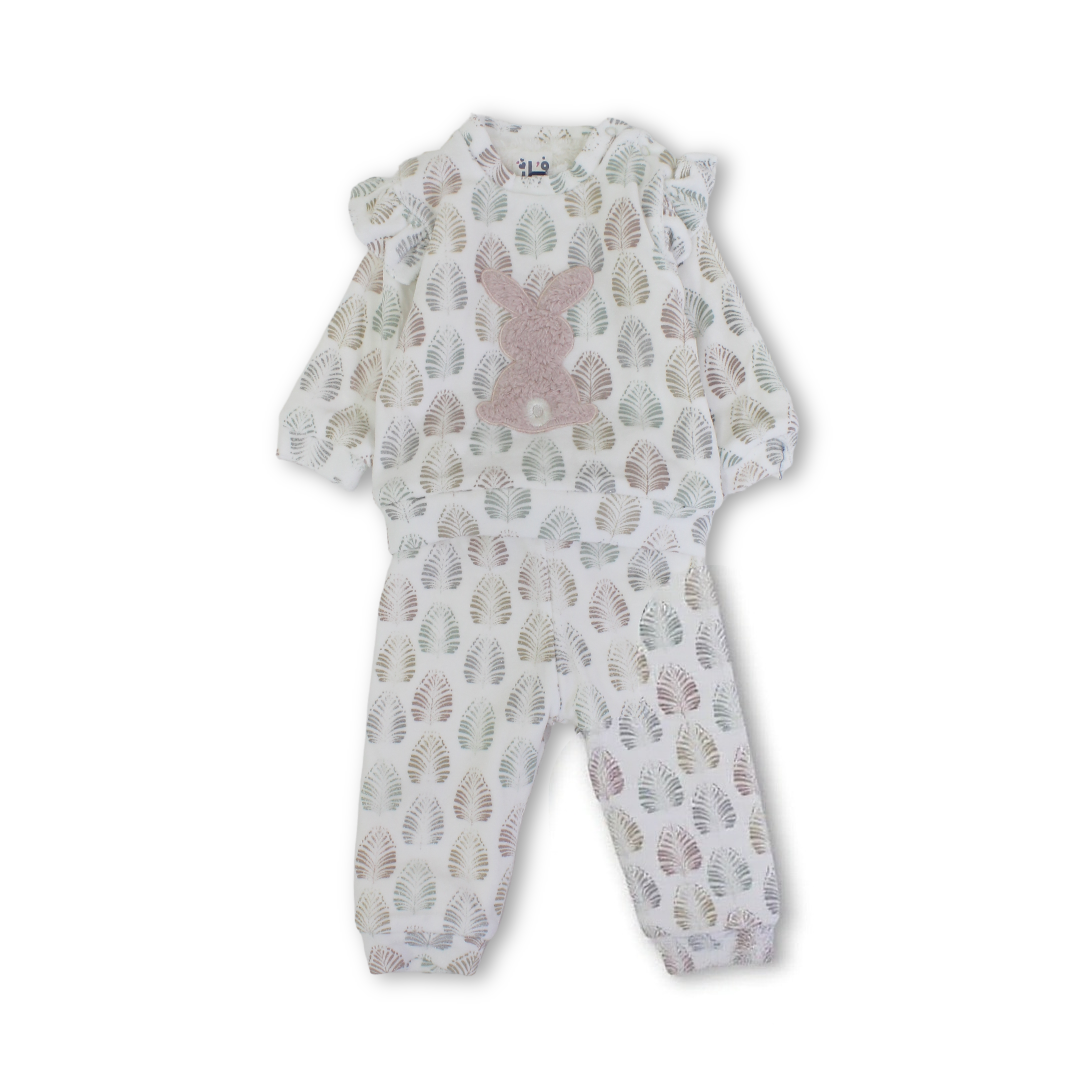 Baby Girls Velvet Two-Piece Pajama – Off-White with Tricolor Detail