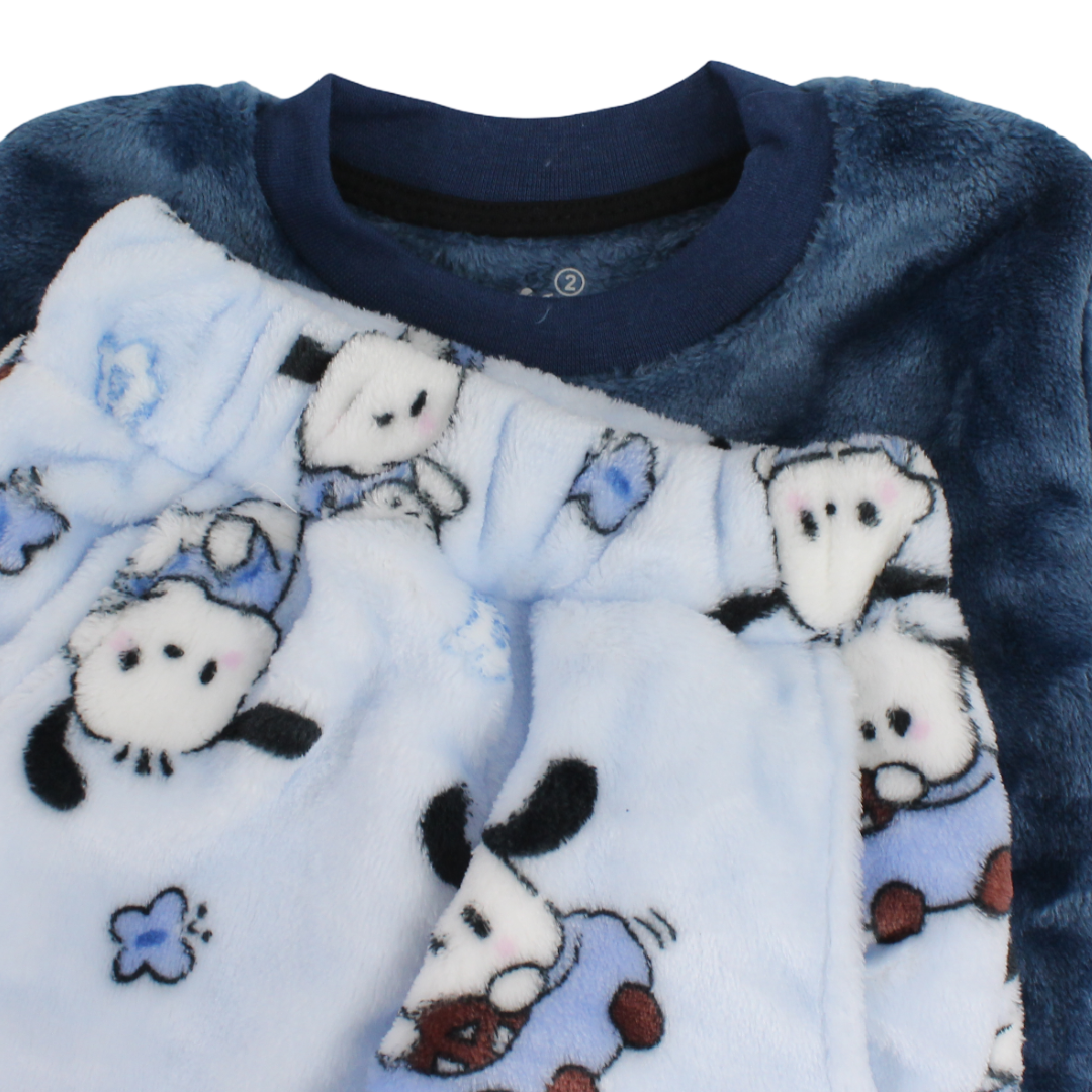 Boys Velvet Long-Sleeved Pajama – Petrol Blue with Dog & Car Print