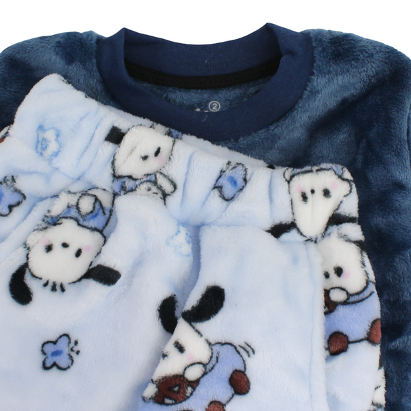 Boys Velvet Long-Sleeved Pajama – Petrol Blue with Dog & Car Print