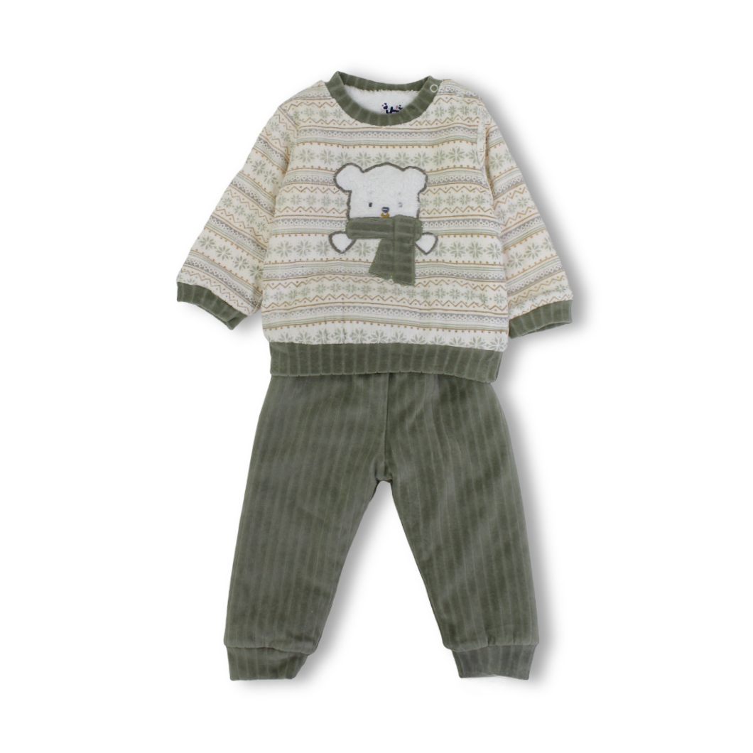 Baby Boys Velvet Two-Piece Pajama – Beige & Olive with One Piece Detail