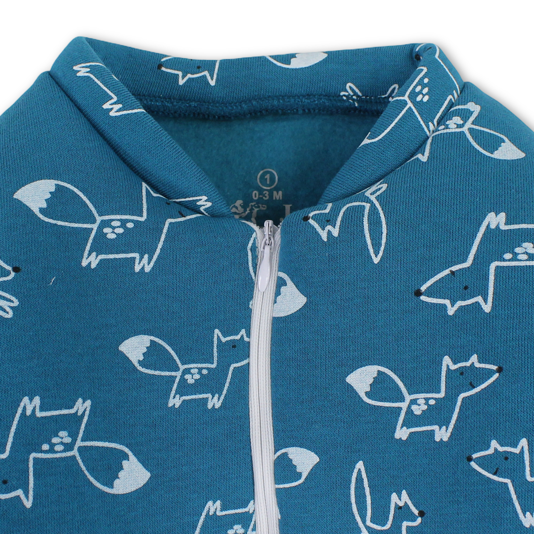 Baby Boys Long-Sleeved Baby Footie – Baby Blue & Petrol Blue with Animal Print