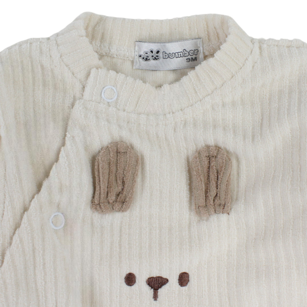 Baby Boys Cotton Ribbed Baby Footie with Bear Face Detail