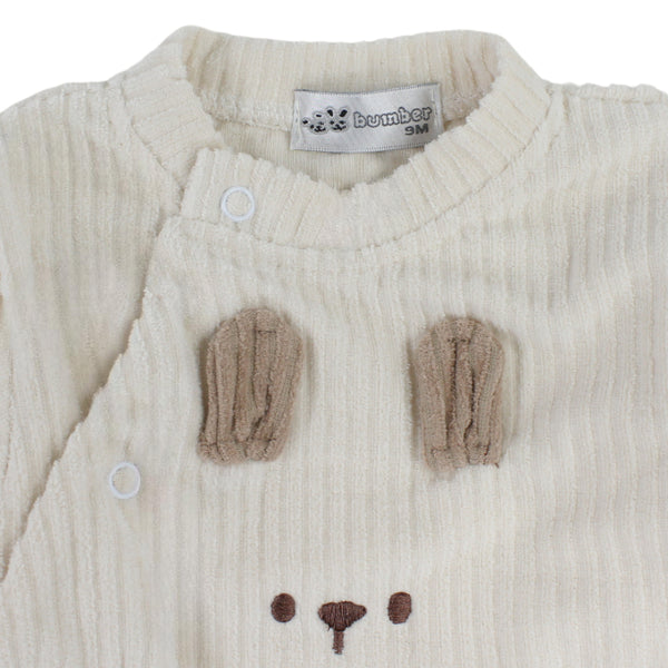 Baby Boys Cotton Ribbed Baby Footie with Bear Face Detail